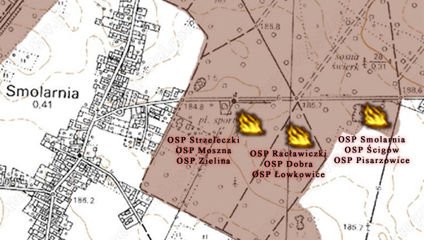 Mapka sytuacyjna, przedstawiająca rozmieszczenie poszczególnych jednostek OSP w trakcie ćwiczeń.