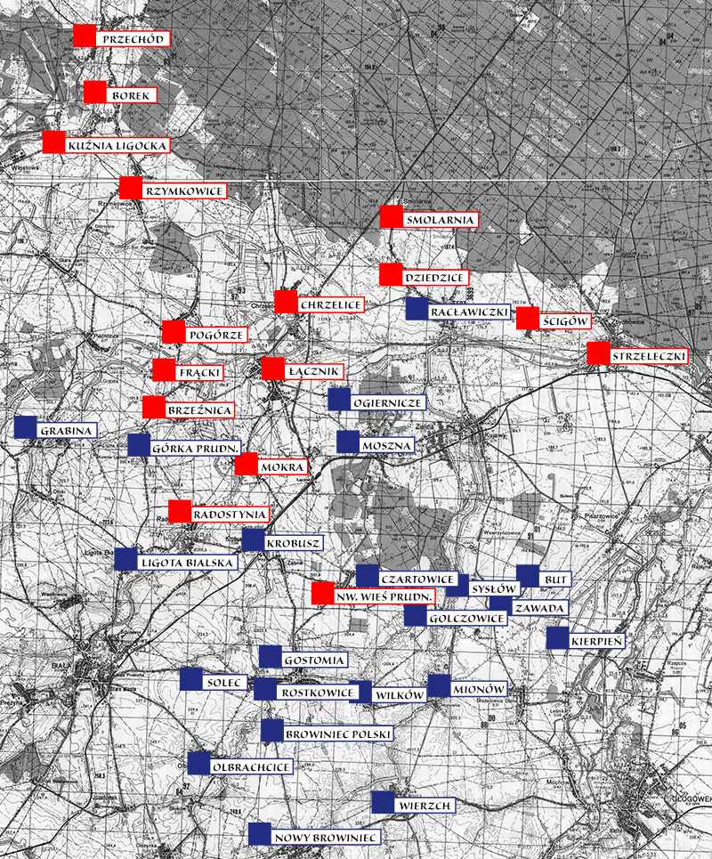 Miejscowości dóbr chrzelickich (kolor czerwony) na tle wiosek, w których według F. Pluty występuje dyftongizacja (kolor niebieski).