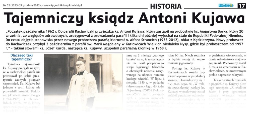 "Tajemniczy ksiądz Antoni Kujawa" - Tygodnik Krapkowicki