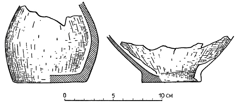 Naczynie, w którym znajdowały się monety (po lewej) oraz czarka, którą było ono przykryte (po prawej) [Materiały starożytne i wczesnośredniowieczne Tom II, s. 328, tablica XVII]